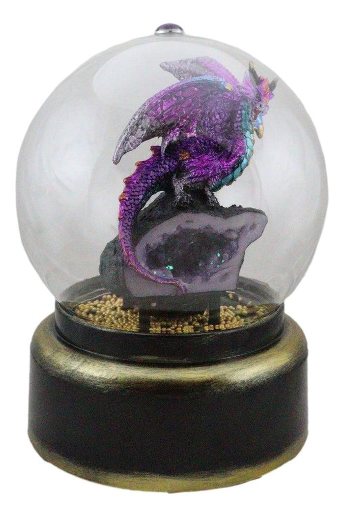 Purple Dragon On Faux Geode Crystals Musical LED Light Air Powered Glitter Globe