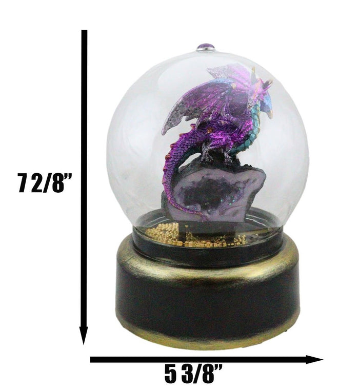 Purple Dragon On Faux Geode Crystals Musical LED Light Air Powered Glitter Globe