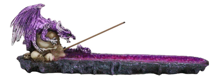 Purple Dragon Perching On Skull Graveyard Faux Crystals Geode Incense Burner Purple Dragon Perching On Skull Graveyard Faux Crystals Geode Incense Burner