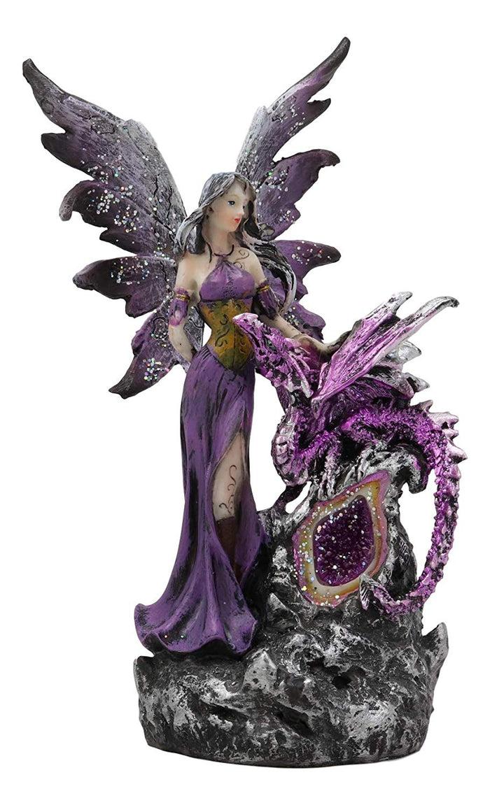 Purple Fairy With Dragon Sitting On LED Crystal Geode Night Light Statue Decor
