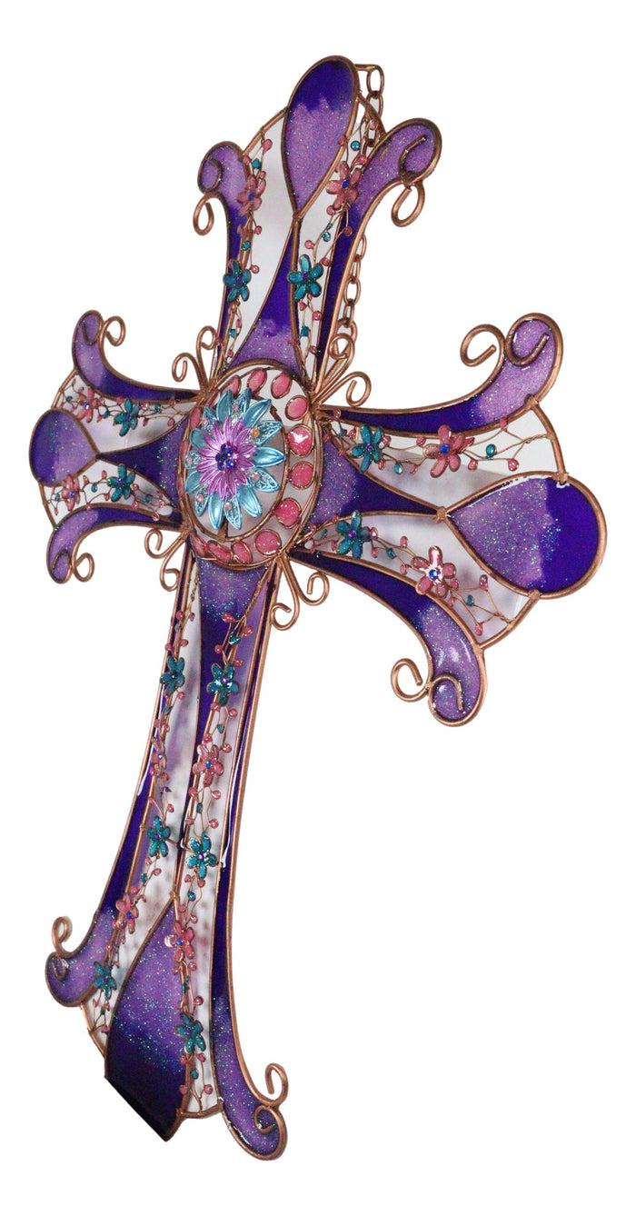 Purple Glitter Stained Glass Gemstones Copper Floral Celtic Cross Wall Decor