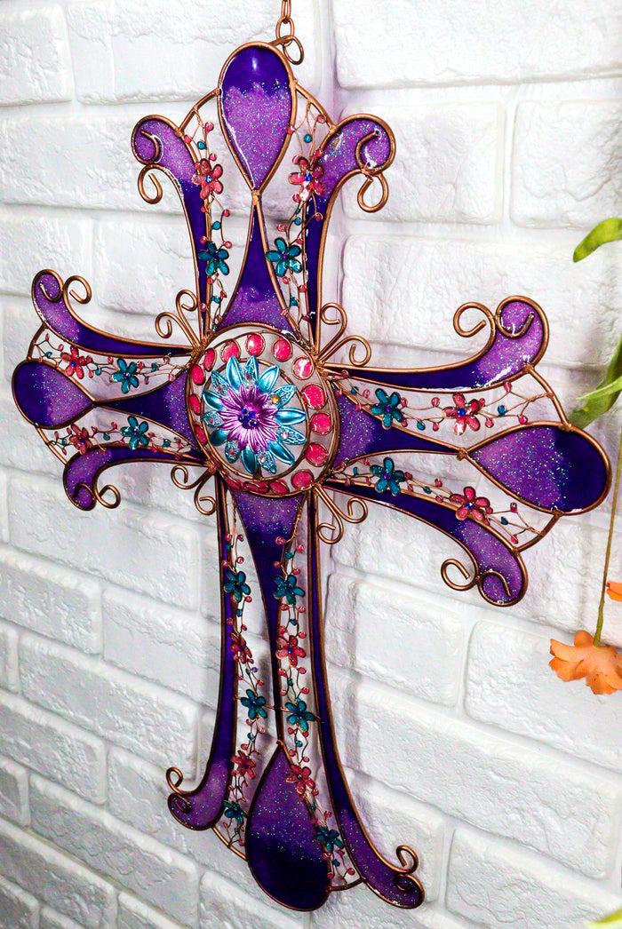 Purple Glitter Stained Glass Gemstones Copper Floral Celtic Cross Wall Decor