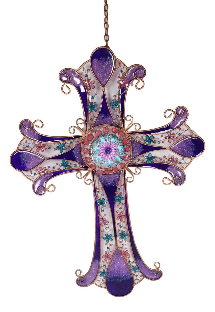 Purple Glitter Stained Glass Gemstones Copper Floral Celtic Cross Wall Decor