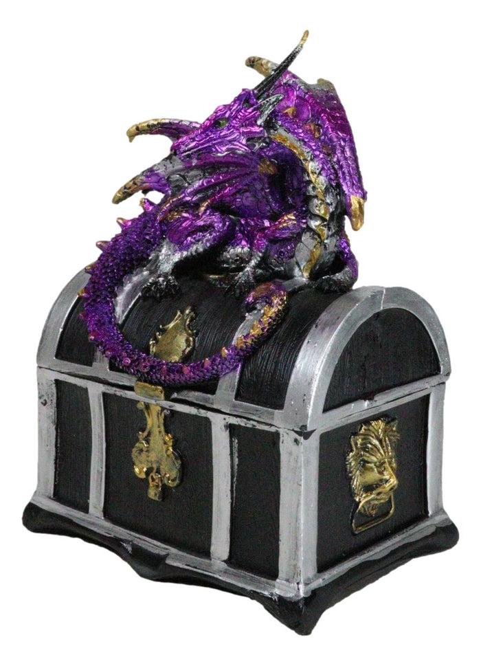 Purple Midnight Dragon Guarding Lion Treasure Chest Small Trinket Box Figurine