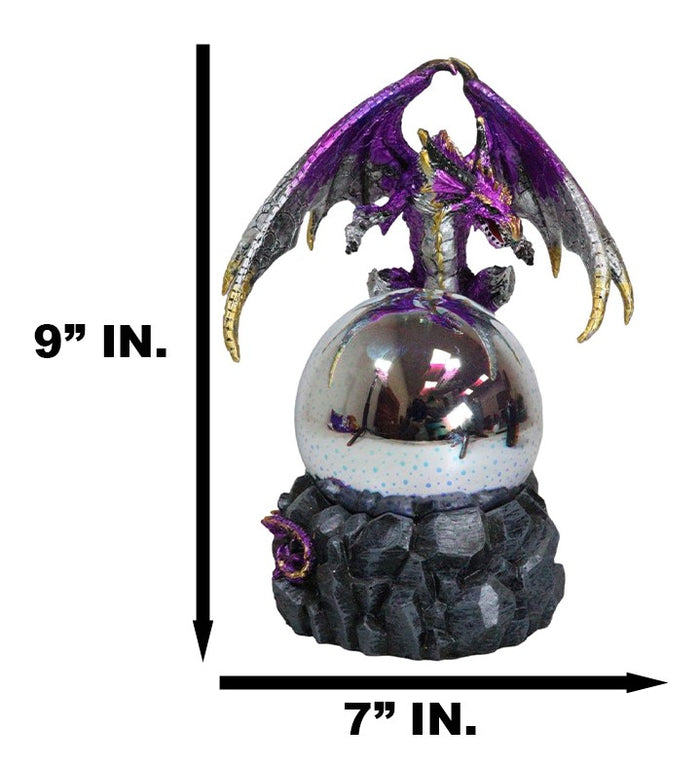 Purple Silver Gold Wyvern Dragon On Rocky Cliff With LED Optic Ball Figurine