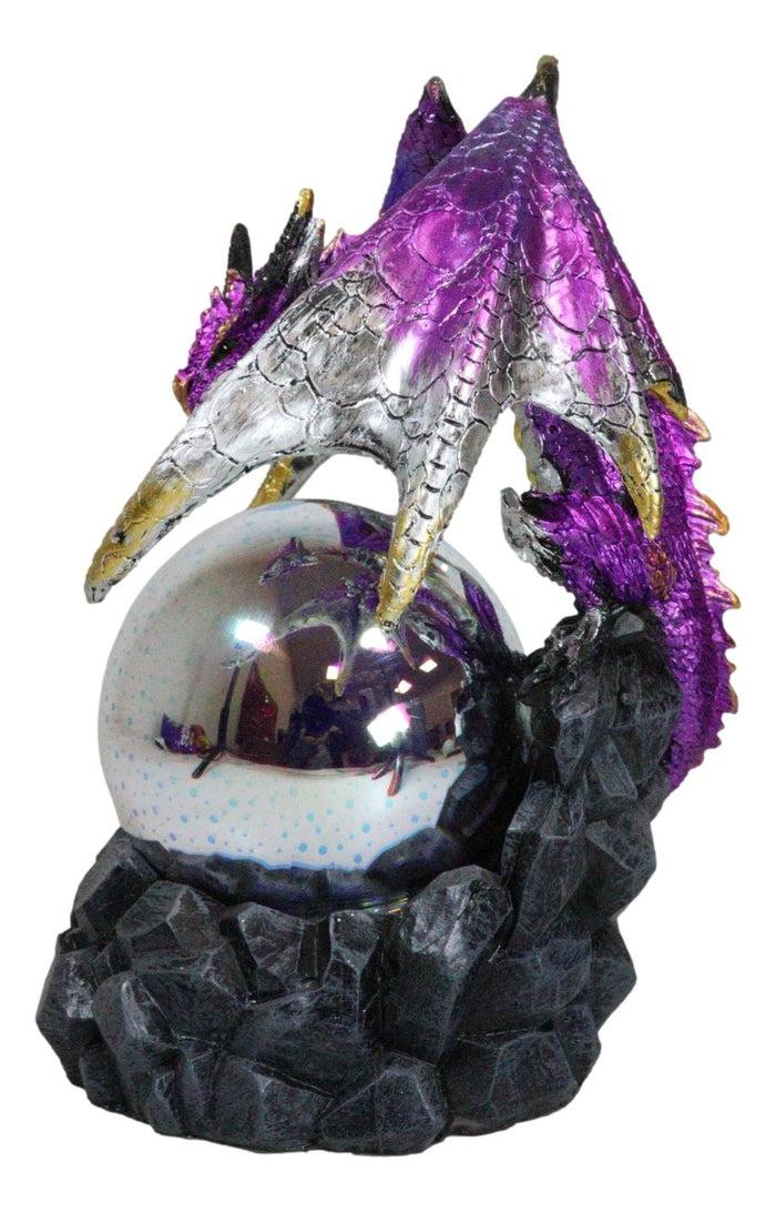 Purple Silver Gold Wyvern Dragon On Rocky Cliff With LED Optic Ball Figurine