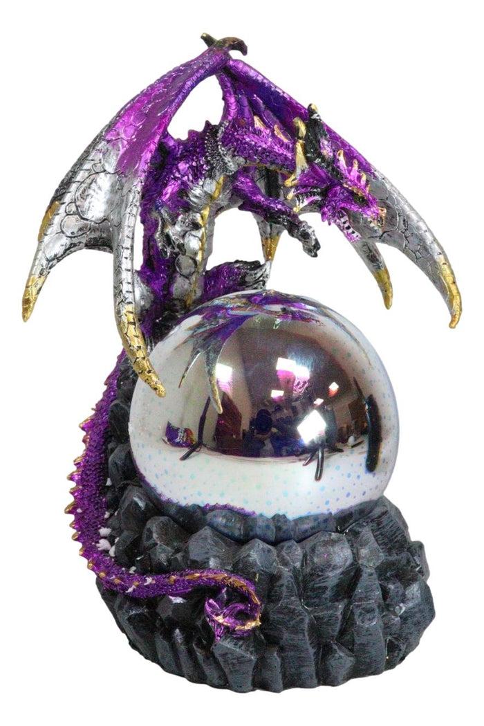 Purple Silver Gold Wyvern Dragon On Rocky Cliff With LED Optic Ball Figurine