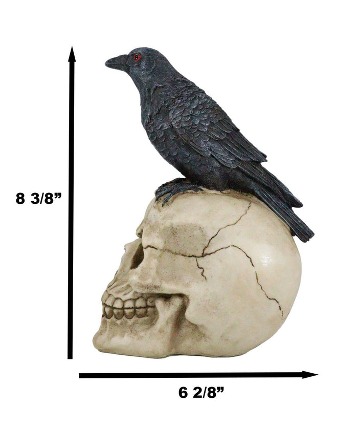 Quoth The Raven Nevermore Black Crow With Red Eyes On Macabre Skull Figurine