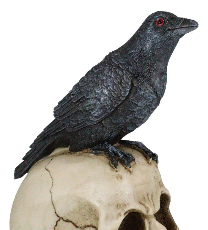 Quoth The Raven Nevermore Black Crow With Red Eyes On Macabre Skull Figurine