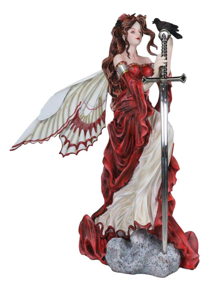Raven Crow Crimson Red Fairy With Raven Crow Holding Sword Letter Opener Statue