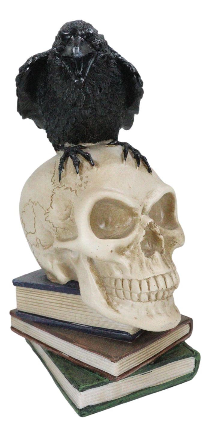 Raven Crow Perching On Skull With Ancient Spell Books Of Prophecy Figurine