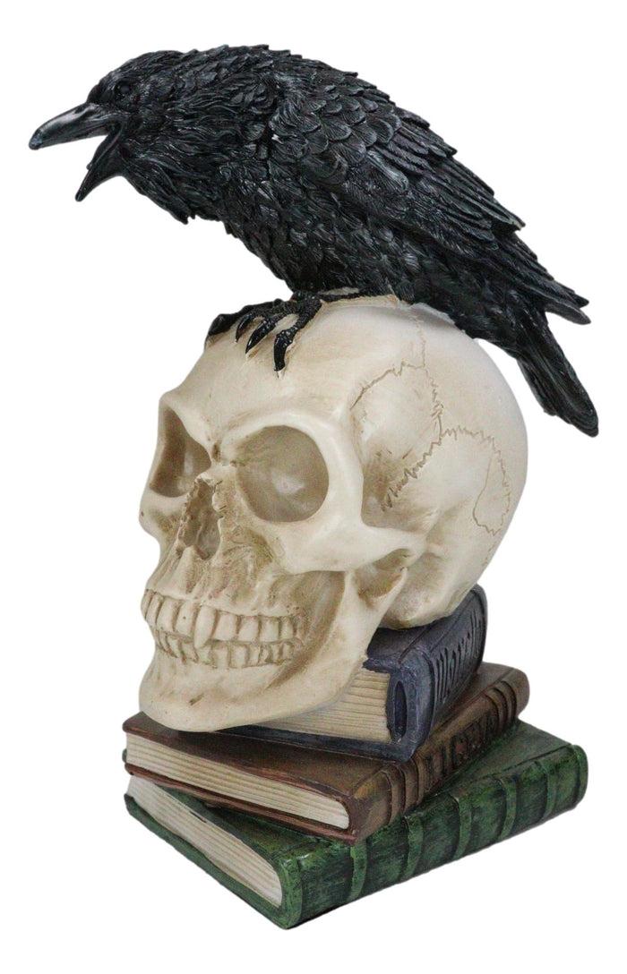 Raven Crow Perching On Skull With Ancient Spell Books Of Prophecy Figurine