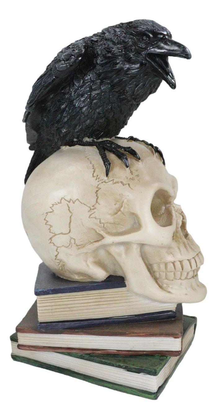 Raven Crow Perching On Skull With Ancient Spell Books Of Prophecy Figurine