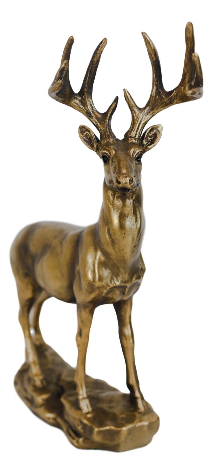 Realistic 10 Point Antlers Trophy Buck Stag Deer Rustic Statue In Gold Patina