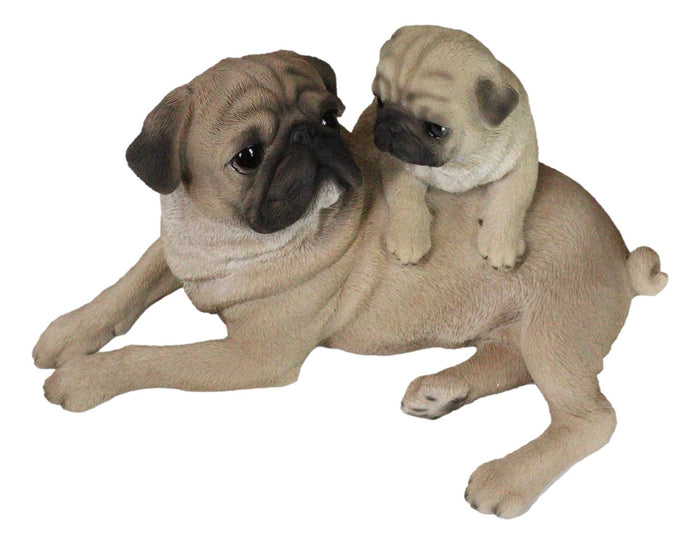 Realistic Adorable Canine Fawn Pug Mother Dog With Puppy Family Figurine 12"L