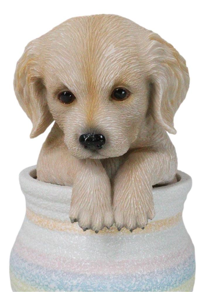 Realistic Golden Retriever Puppy Dog Figurine With Glass Eyes Pup In Pot