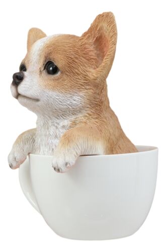 Realistic Tan Chihuahua Dog In Teacup Statue 5.75"H Pet Pal Chihuahuas Decor