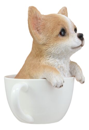 Realistic Tan Chihuahua Dog In Teacup Statue 5.75"H Pet Pal Chihuahuas Decor
