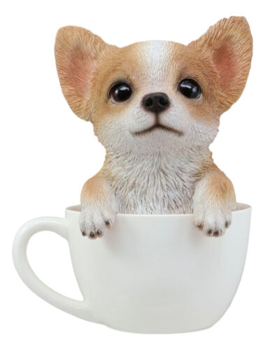 Realistic Tan Chihuahua Dog In Teacup Statue 5.75"H Pet Pal Chihuahuas Decor