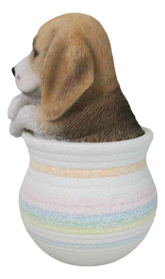 Realistic Tri Color Beagle Puppy Dog Figurine With Glass Eyes Pup In Pot