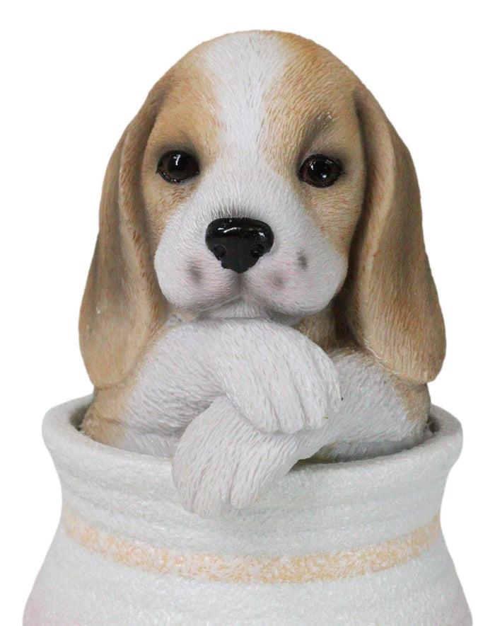 Realistic Tri Color Beagle Puppy Dog Figurine With Glass Eyes Pup In Pot