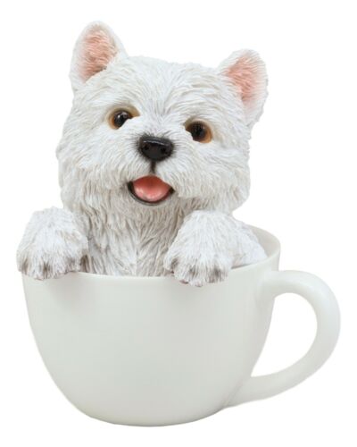 Realistic White Westie Dog In Teacup Statue 6"H Pet Pal West Highland Terrier