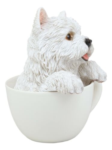 Realistic White Westie Dog In Teacup Statue 6"H Pet Pal West Highland Terrier