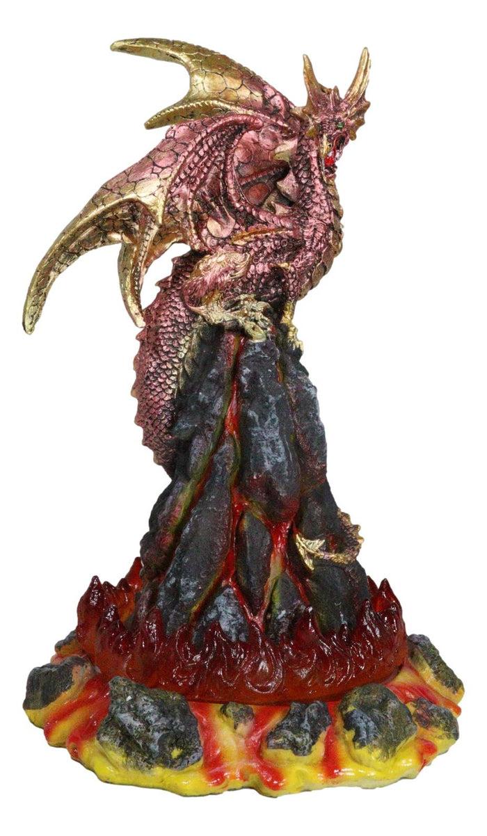 Red And Gold Dragon Standing On Volcano Mountain With LED Lava Base Figurine