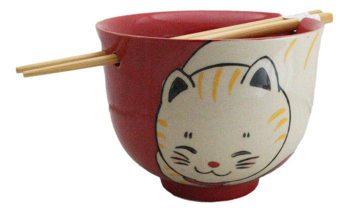 Red Cute Chubby Kitty Cat Ceramic Donburi Ramen Bowl With Chopsticks Set Red Cute Chubby Kitty Cat Ceramic Donburi Ramen Bowl With Chopsticks Set