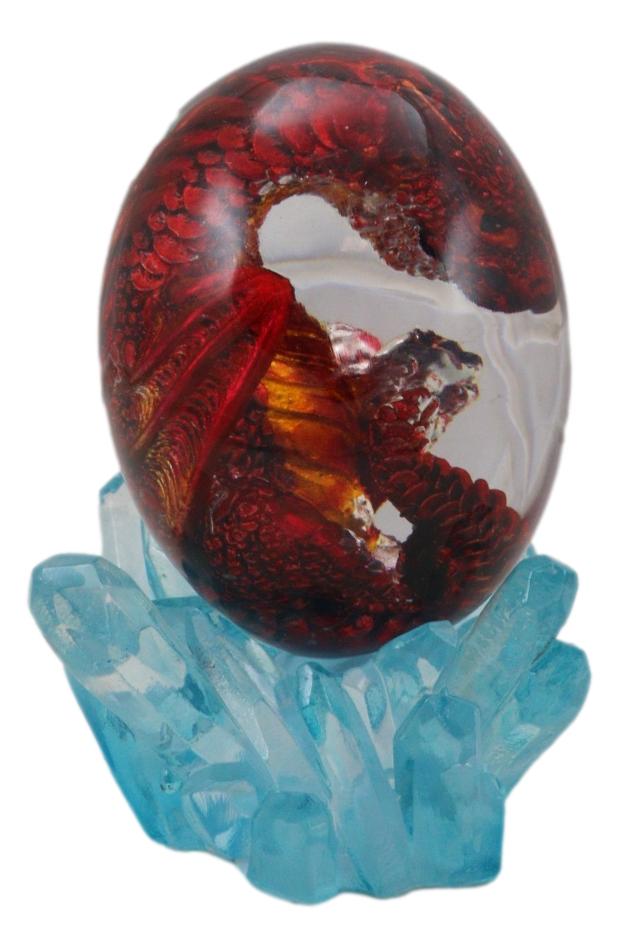 Red Dragon In Acrylic Glass Egg With Blue Crystals And LED Lava Rock Bases