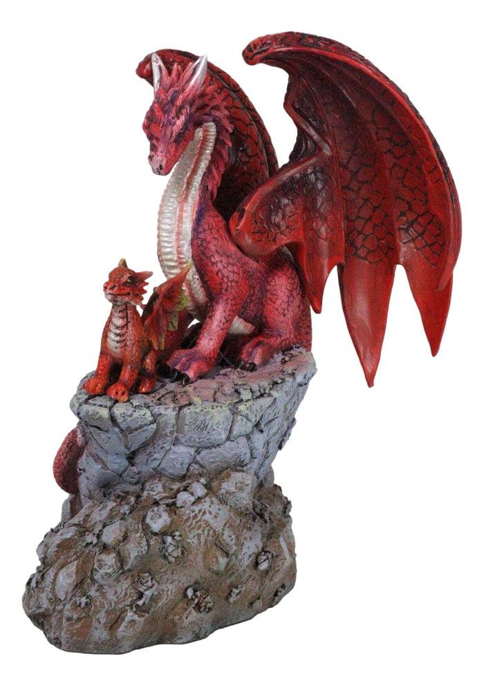 Red Fire Elemental Dragon With Baby Hatchling Standing On Rock Cliff Figurine