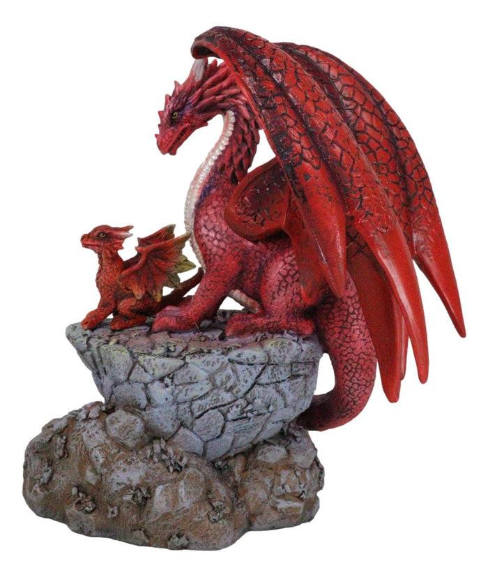 Red Fire Elemental Dragon With Baby Hatchling Standing On Rock Cliff Figurine