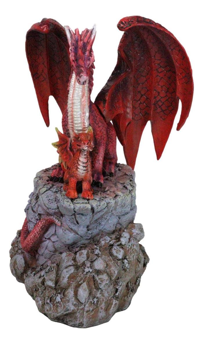 Red Fire Elemental Dragon With Baby Hatchling Standing On Rock Cliff Figurine