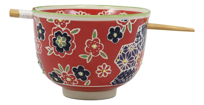 Red Floral Frost Flakes Pasta Ramen Noodles Soup Rice Bowl With Chopsticks Set