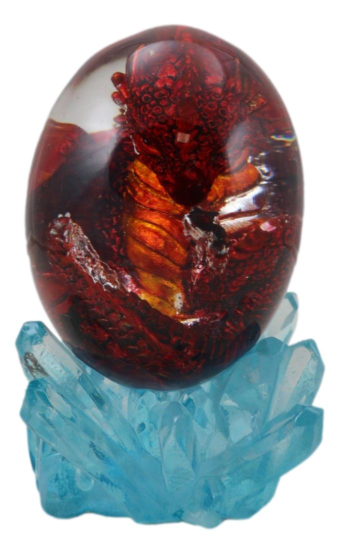 Red Fossil Dragon Hatchling Sleeping In Faux Crystal Acrylic Glass Egg Figurine