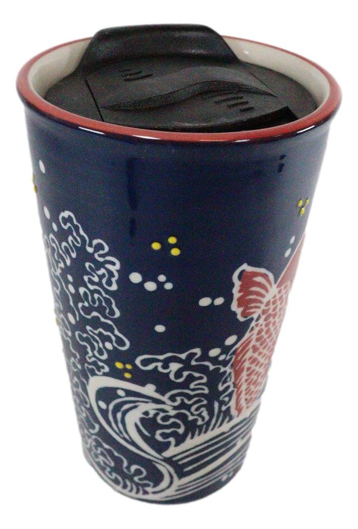 Red Koi Fish In River Waters Ceramic Travel Mug Cup 12oz With Lid Hot Or Cold