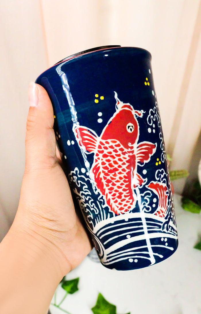 Red Koi Fish In River Waters Ceramic Travel Mug Cup 12oz With Lid Hot Or Cold