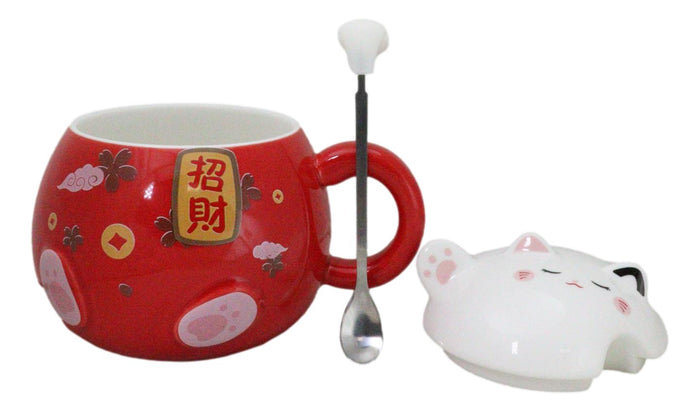 Red Maneki Neko Beckoning Lucky Cat Mug Cup With Kitty Lid And Stirring Spoon