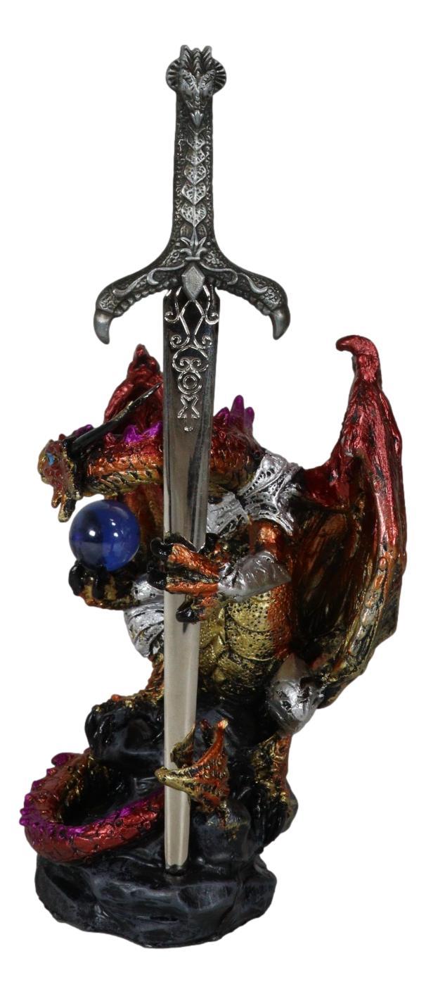 Red Metallic Fire Knight Dragon With Orb And Gothic Sword Letter Opener Figurine