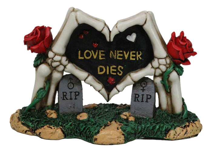 Red Roses Love Never Dies Skeleton Hand Heart Tombstones Cake Topper Figurine