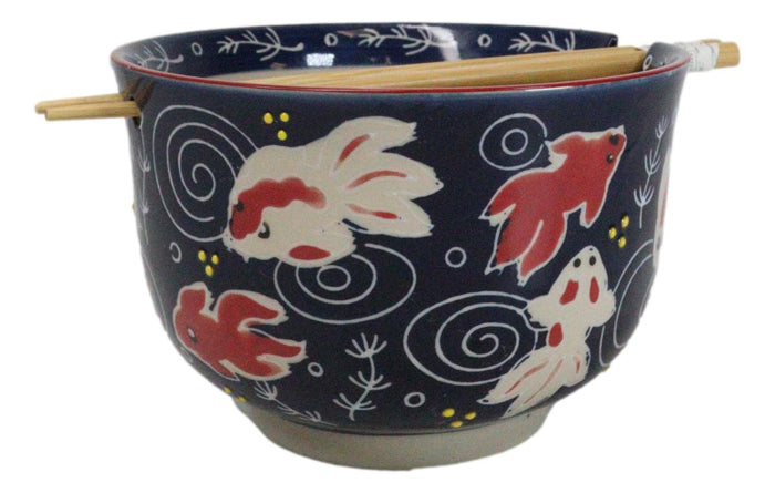 Red White Japanese Goldfishes Large 24Oz Donburi Ramen Bowl With Chopsticks Set