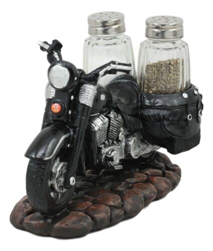 Retro Black Chopper Road Hog Motorcycle Salt And Pepper Shakers Holder Figurine