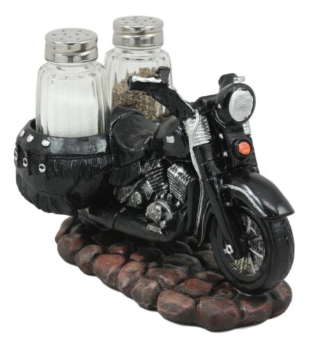 Retro Black Chopper Road Hog Motorcycle Salt And Pepper Shakers Holder Figurine