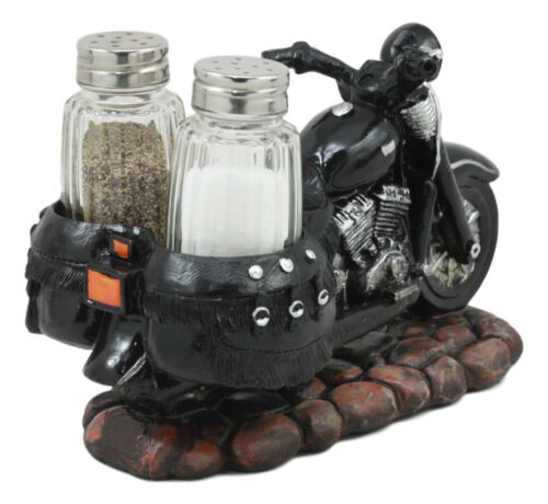 Retro Black Chopper Road Hog Motorcycle Salt And Pepper Shakers Holder Figurine