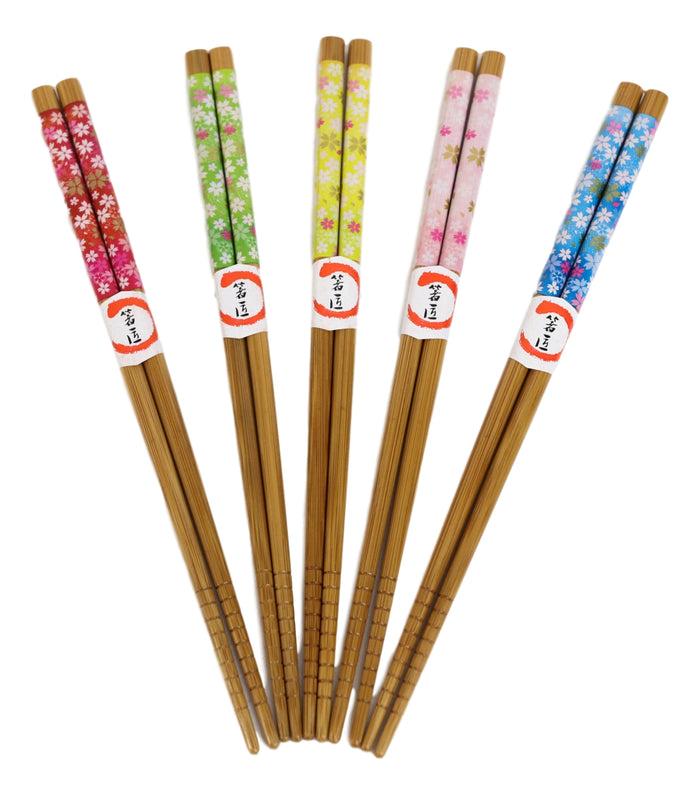 Reusable Bamboo Colorful Cherry Blossoms Set Of 5 Ridged Ends Chopsticks Pairs