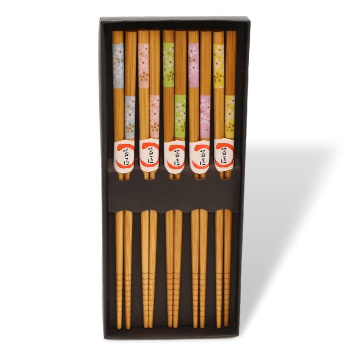 Reusable Bamboo Colorful Cherry Blossoms Set Of 5 Ridged Chopsticks Pairs In Box