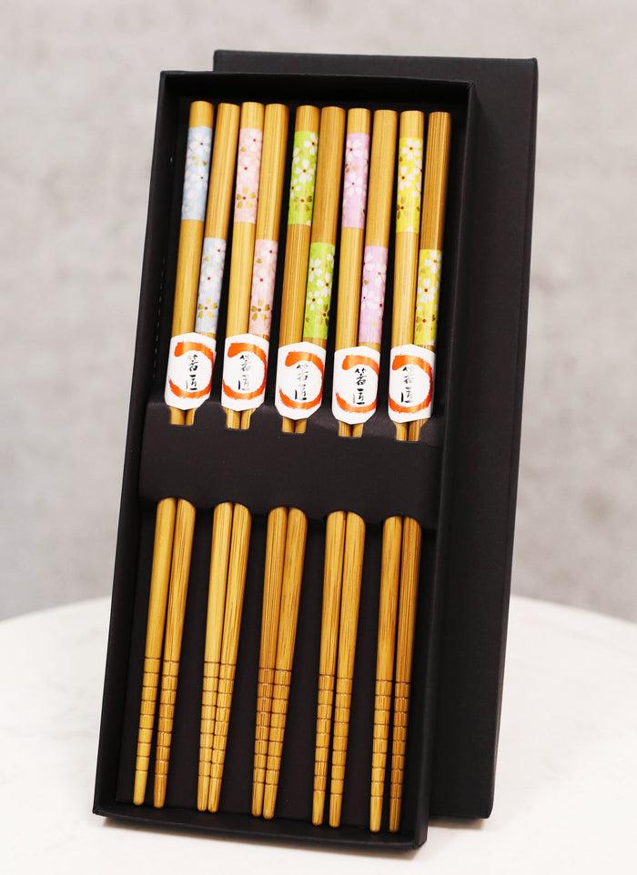 Reusable Bamboo Colorful Cherry Blossoms Set Of 5 Ridged Chopsticks Pairs In Box