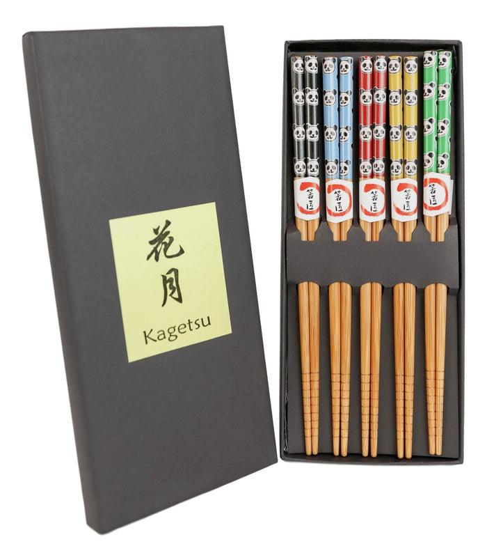 Reusable Bamboo Colorful Giant Panda Bears Set Of 5 Ridged Ends Chopsticks Pairs