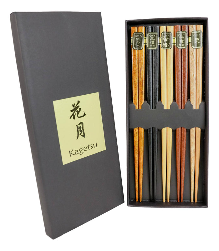 Reusable Bamboo Multi Tone Wooden Grain Colors Set Of 5 Chopsticks Pairs In Box