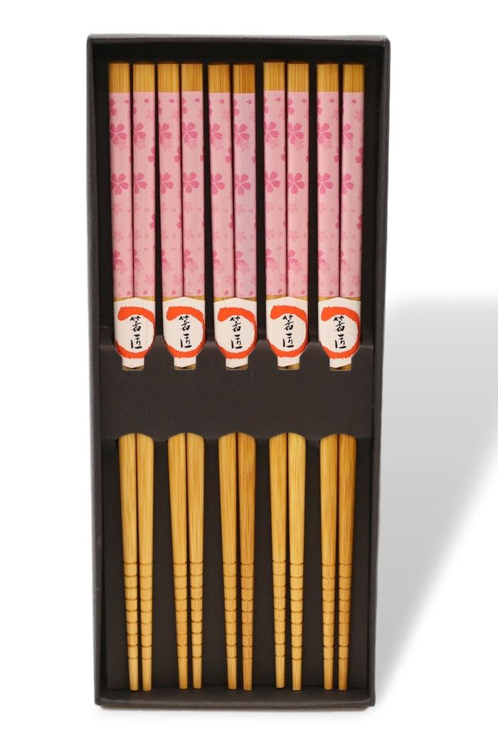 Reusable Bamboo Pink Cherry Blossoms Set Of 5 Ridged Chopsticks Pairs In Box